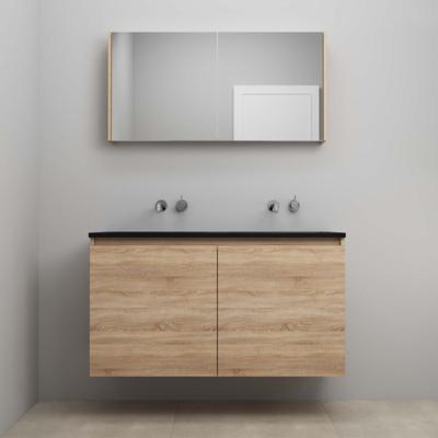 On-Line Badkamermeubelset - 120 cm - Bouwpakket - Greeploze Ladestructuur - Acryl Wastafel - zonder Kraangat - Spiegelkast - Eiken - V01