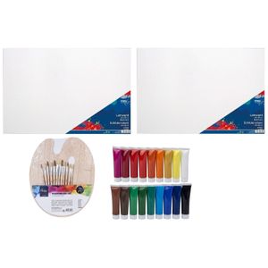 Hobby speelgoed set 2x Schildersdoeken 50 x 70 cm met palet 18x tubes verf en 12 kwasten