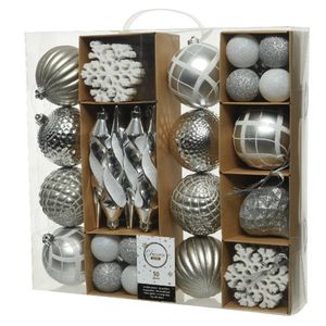 50x Kunststof kerstballen mix zilver 4-8-15 cm kerstboom versiering/decoratie - Kerstbal