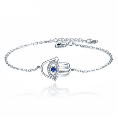 Zilverkleurige Verstelbare Dames Schakelarmband met Fatima Hand en Steentjes