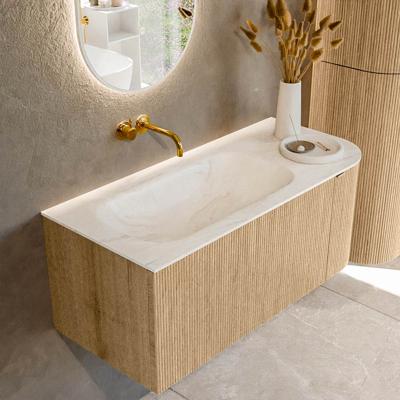 Badmeubel Mondiaz Kurve-Dlux | 105 cm | Meubelkleur Oak | Wastafelkleur Ostra | Solid surface | Links spoelbak | Zonder kraangat(en)