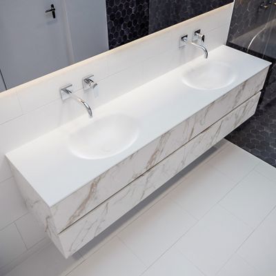 Mondiaz Vica Moon badmeubel wit carrara mat 200 cm 4 lades solid surface dubbele spoelbak zonder kraangat