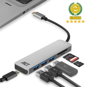ACT AC7050 USB Hub USB-C 3.1 Gen1 (USB 3.0) - Micro SD/SD Kaartlezer 3x USB-A (f) 1x USB-C (f) met Power Delivery Pass-Through - 15 cm