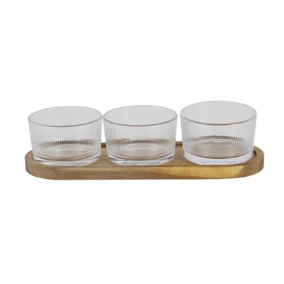 Home Deco Factory Serveerplank - acacia hout - 28 x 10 cm - incl 3 schaaltjes - tapasplank Home Deco Factory Serveerplank - acacia hout - 28 x 10 cm - incl 3 schaaltjes - tapasplank