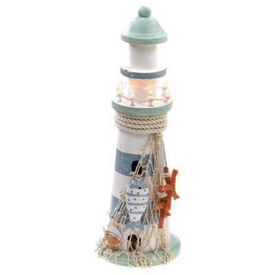 Vuurtoren beeldje met LED licht - Hout - 30 cm - wit/blauw - Maritieme woon decoraties Vuurtoren beeldje met LED licht - Hout - 30 cm - wit/blauw - Maritieme woon decoraties