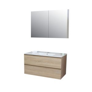 Badkamermeubel BWS Pepper Wastafel Porselein Incl Spiegelkast 2 Deurs Met 1 Krg 100x55x46 cm Eiken