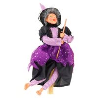 Creation decoratie heksen pop - vliegend op bezem - 40 cm - zwart/paars - Halloween versiering   - - thumbnail