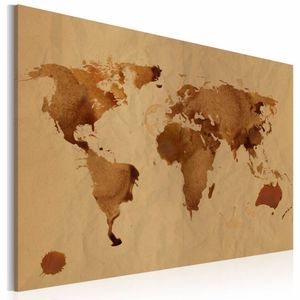 Schilderij - Wereldkaart - De Wereld beschilderd met koffie , premium print op canvas