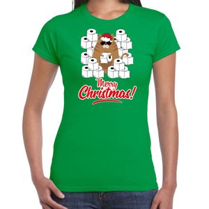 Fout Kerst t-shirt / outfit met hamsterende kat Merry Christmas groen voor dames