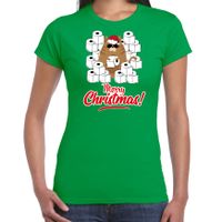 Fout Kerst t-shirt / outfit met hamsterende kat Merry Christmas groen voor dames