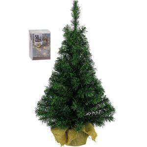 Kunst kerstboom - H75 cm - met kerstverlichting - warm wit - kunstboom - jute zak