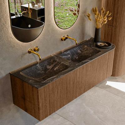 Mondiaz KURVE-DLUX 145 cm Onderkast Greeploos 1 Lade Met Deuren Walnut, Wastafel Solid Surface Links Lava 0 Kraangaten Zonder Spiegel (KRVLEA145R1L1D0KD-Wal/Lav)
