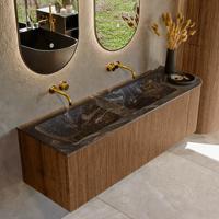 Mondiaz KURVE-DLUX 145 cm Onderkast Greeploos 1 Lade Met Deuren Walnut, Wastafel Solid Surface Links Lava 0 Kraangaten Zonder Spiegel (KRVLEA145R1L1D0KD-Wal/Lav)