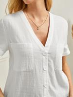 Plain V Neck Casual Linen Blend Shirt - thumbnail
