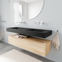 Mondiaz Alan badmeubel 150 cm washed oak 1 lade vrijhangend wastafel dubbel zonder kraangat zwart Mondiaz Alan badmeubel 150 cm washed oak 1 lade vrijhangend wastafel dubbel zonder kraangat zwart