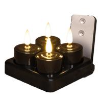 Oplaadbare LED theelichtjes/waxinelichtjes - 4x st - zwart - H5 cm - met oplaadstation