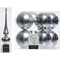 Kerstboom versiering zilver piek en 8x kerstballen 10 cm