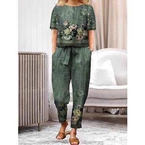 Dames Loungewear Sets 2-delig Abstract Bloem Casual Comfortabel Huis Straat Dagelijks Katoenmix Ademend Opstaand Halve mouw Pullover Pantalon Zak Inclusief riem Zomer Lente Blauw en wit Zwart Lightinthebox