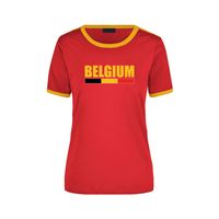 Belgium supporter rood / geel ringer t-shirt Belgie met vlag voor dames - thumbnail