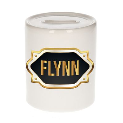 Naam cadeau spaarpot Flynn met gouden embleem Naam cadeau spaarpot Flynn met gouden embleem