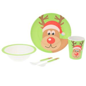 Kerst servies setje - bordjes, beker, kom, bestek - 5-delig - groen met rendier - voor kinderen