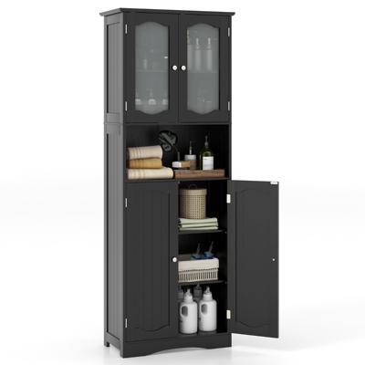 Vrijstaande Hoge Kast voor de Badkamer met 4 Deuren Badkamerkast met Kantelbeveiliging Zwart 164 cm