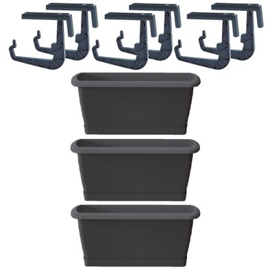 3x Kunststof Respana plantenbakken/bloembakken antraciet grijs 49 cm met ophangbeugels