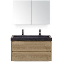Dante Badmeubelset 100 cm - Natuur Eiken - Wastafel Hardsteen Wit Lucca 2 Kraangaten met Spiegelkast