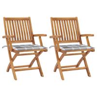 Tuinstoelen 2 st met grijs geruite kussens massief teakhout