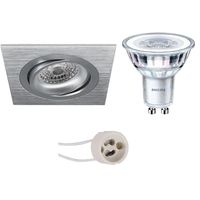 LED Spot Set - Pragmi Borny Pro - GU10 Fitting - Inbouw Vierkant - Mat Zilver - Kantelbaar - 92mm - Philips - CorePro 840 36D - 3.5W - Natuurlijk Wit 4000K