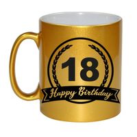 Happy Birthday 18 years met wimpel cadeau koffiemok / theebeker goud 330 ml   - - thumbnail