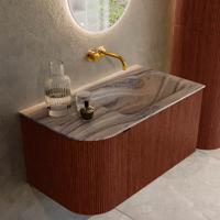 Badmeubel Mondiaz Kurve-Dlux | 85 cm | Meubelkleur Ruby | Wastafelkleur Sombra | Solid surface | Wasbak rechter zijde spoelbak | Zonder kraangat(en)
