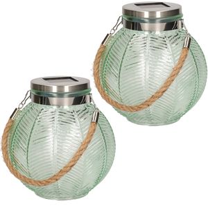 2x stuks groene solar lantaarn van gestreept glas rond 16 cm