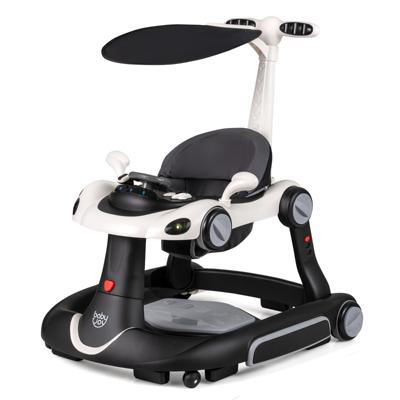 7-in-1 Loopstoeltje met Kap Loopwagen met Instelbare Hoogte en Snelheid Opvouwbare Babywalker met Speelbord Muziek Licht en Wielen Loopstoeltje voor Baby's vanaf 6 Maanden-Zwart en wit