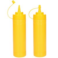 Doseerfles/sausfles - 2x stuks - kunststof - geel - met schenktuit - 500 ml - 23 cm