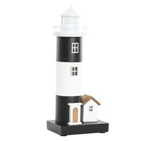 Maritieme decoraties beeldje Vuurtoren - Hout - 15 x 37 cm - wit/zwart - met LED lampje