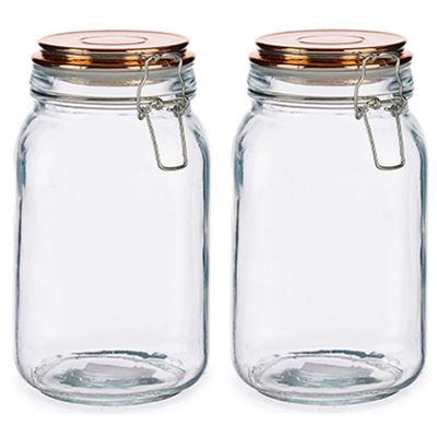 Set van 2x stuks glazen luxe keuken voorraadpotten/voorraadbussen met klepdeksel koper 1500 ml