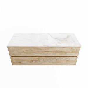 MONDIAZ VICA-DLUX 130cm badmeubel onderkast Washed Oak 2 lades. Inbouw wastafel CLOUD rechts 1 kraangat, kleur Ostra.