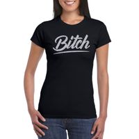 Bitch zilver tekst t-shirt zwart dames - Glitter en Glamour zilver party kleding shirt