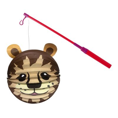 Bol lampion leeuw - donker bruin - H20 cm - papier - met lampionstokje - 40 cm