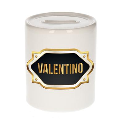 Spaarpot met voornaam Valentino - wit - goud/zwart embleem - 8 x 9 cm - keramiek - afsluitdop Spaarpot met voornaam Valentino - wit - goud/zwart embleem - 8 x 9 cm - keramiek - afsluitdop