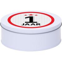 Leeftijd Snoeptrommel - koektrommel Cadeau - wit - rond blik - met 1 jaar sticker