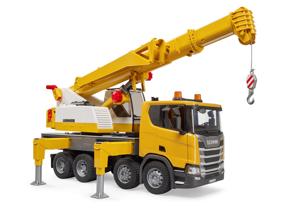 bruder Scania Super 560R vrachtwagen met Liebherr hijskraan en licht en geluid modelvoertuig
