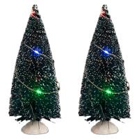Kerstdorp mini kerstboompjes - 2x st - 15 cm - verlicht - 20 gekleurde LED lampjes