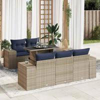 6-delige Loungeset met kussens poly rattan acacia grijs