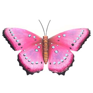 Roze/zwarte metalen tuindecoratie vlinder 48 cm   -