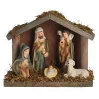 Houten Kerststal met 5 Figuren - thumbnail