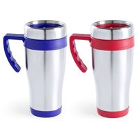 Set van 2x stuks zilverkleur warmhoudbekers/isoleer bekers met rand rood en blauw 500 ml - thumbnail