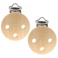 Houten speenkoord/wagenspanner clip - 2x - naturel - di 35 mm - met bretelsclip - zelf beschilderen