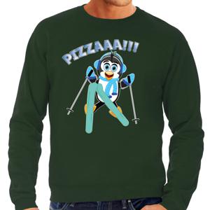 Apres ski sweater voor heren - Pizzaaaa! - pinguin - groen - wintersport - snowboarden